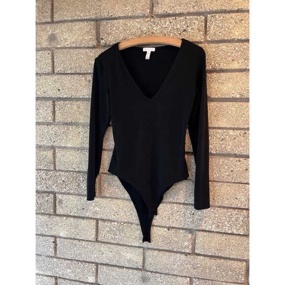 Black Long-Sleeve V-Neck Bodysuit By Leith Size M Stretch Fabric - Picture 1 of 6